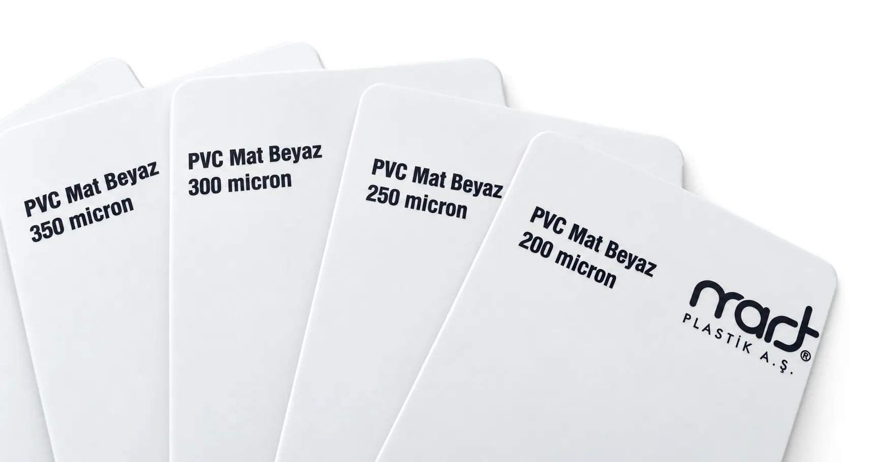 200, 250, 300 ve 350 mikron etiketli mat beyaz PVC levha numune kartları