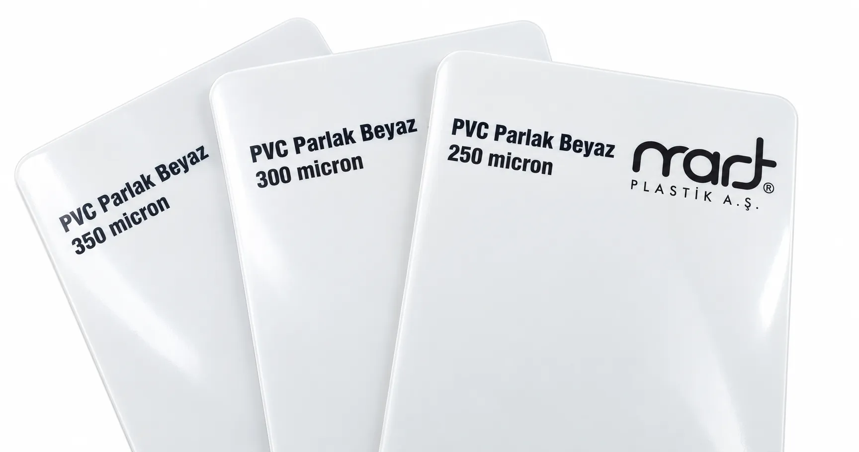 250, 300 ve 350 mikron etiketli parlak beyaz PVC levha numune kartları