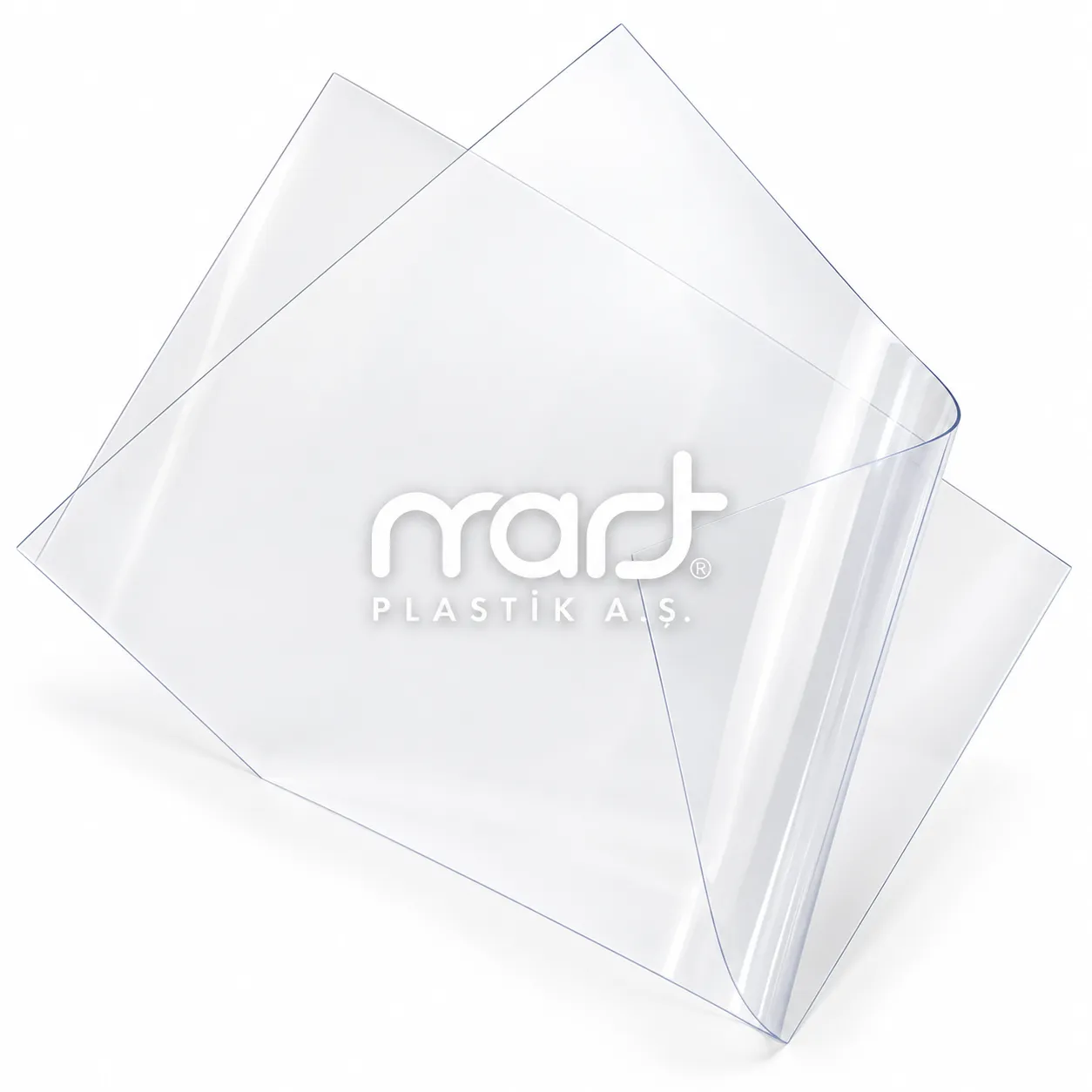 Üst üste duran, biri kıvrılmış iki şeffaf-şeffaf PVC levha; ortasında Mart Plastik logosu