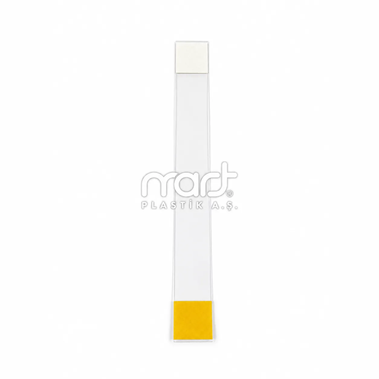 Bir ucunda beyaz, diğer ucunda sarı yapışkan bulunan şeffaf esnek PVC wobbler raf etiketi